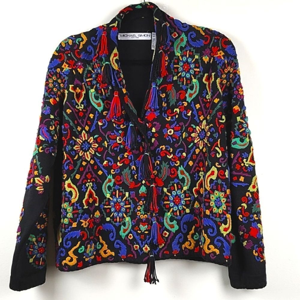 Michael Simon Embroidered Collared Cardigan with Tassels 1992 Vintage